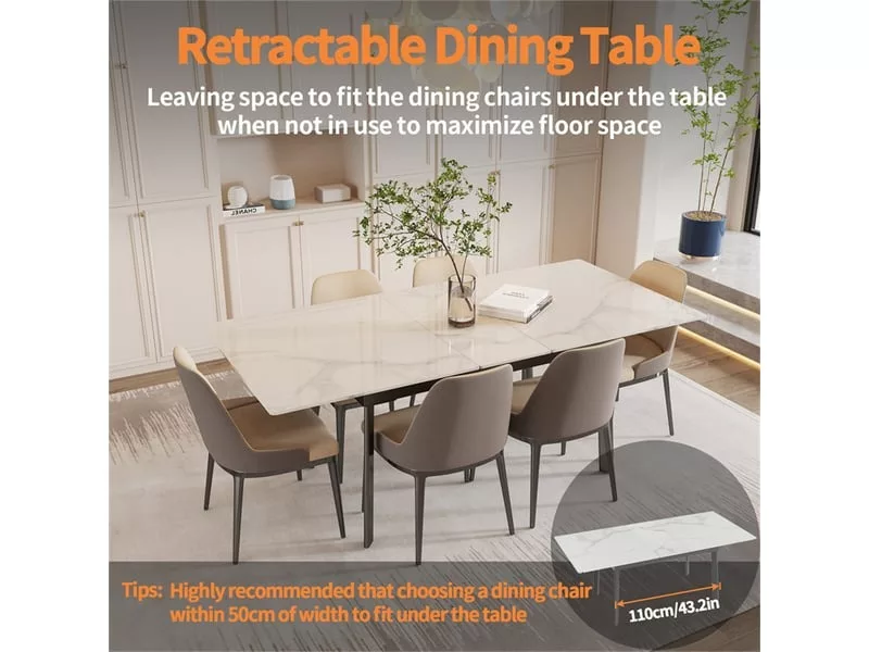 Table à manger extensible rectangle avec allonge 6 personne effet marbre en fer blanc 130-160cm – Image 5