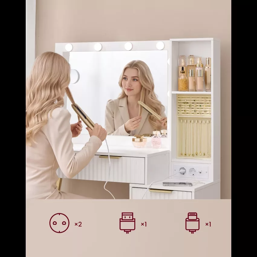 Mazy - Coiffeuse avec miroir et tabouret loupe 10x 40 x 110 x 135 cm blanc – Image 3