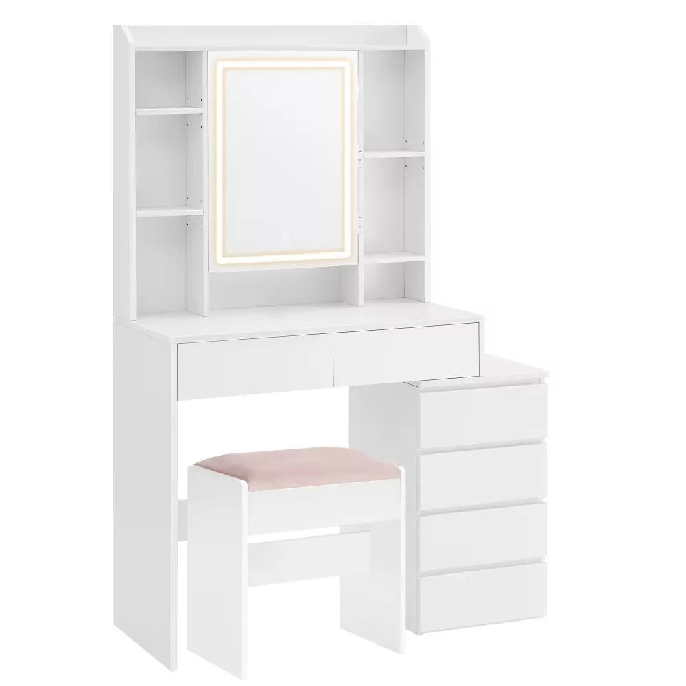 Coiffeuse avec miroir compartiments ouverts l 97,5 cm tabouret blanc