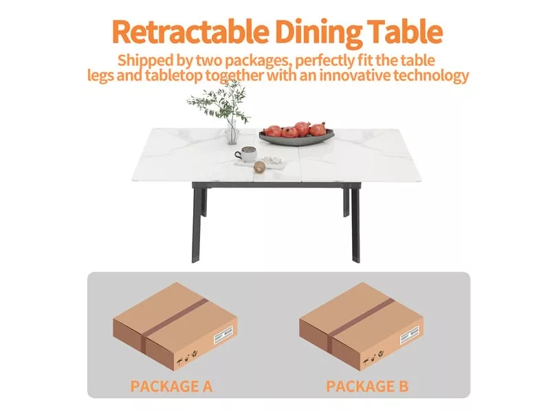 Table à manger extensible rectangle avec allonge 6 personne effet marbre en fer blanc 130-160cm