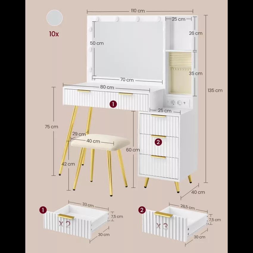 Mazy - Coiffeuse avec miroir et tabouret loupe 10x 40 x 110 x 135 cm blanc – Image 5