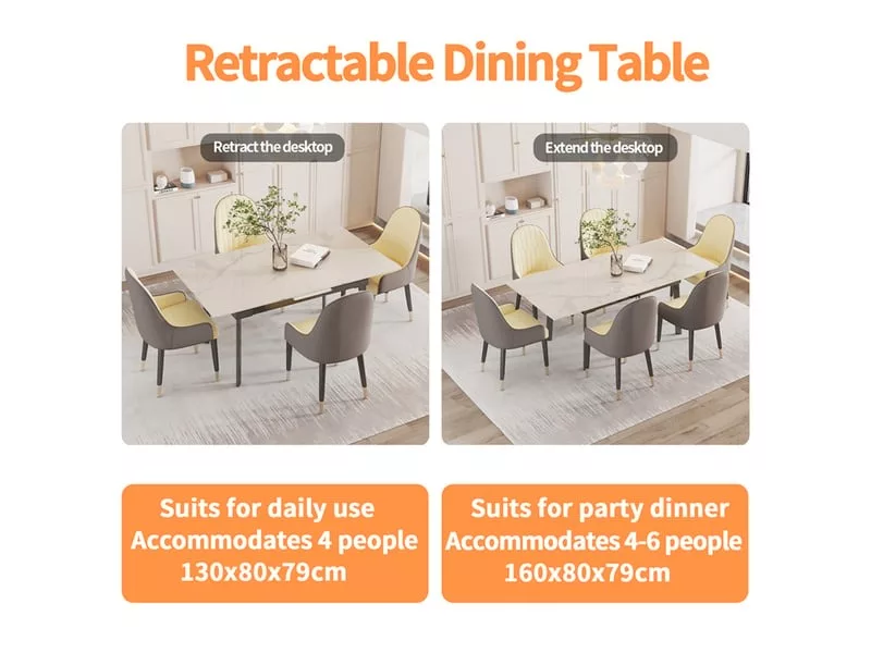 Table à manger extensible rectangle avec allonge 6 personne effet marbre en fer blanc 130-160cm – Image 8