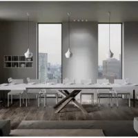 Table extensible design pieds entrelacés artemis-couleur blanc-5 rallonges fines-180 à 440cm