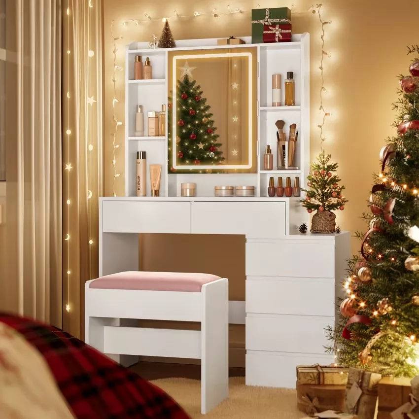 Coiffeuse avec miroir compartiments ouverts l 97,5 cm tabouret blanc – Image 2