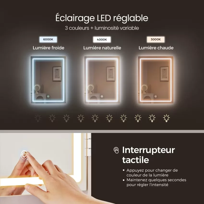 Coiffeuse avec miroir compartiments ouverts l 97,5 cm tabouret blanc – Image 3