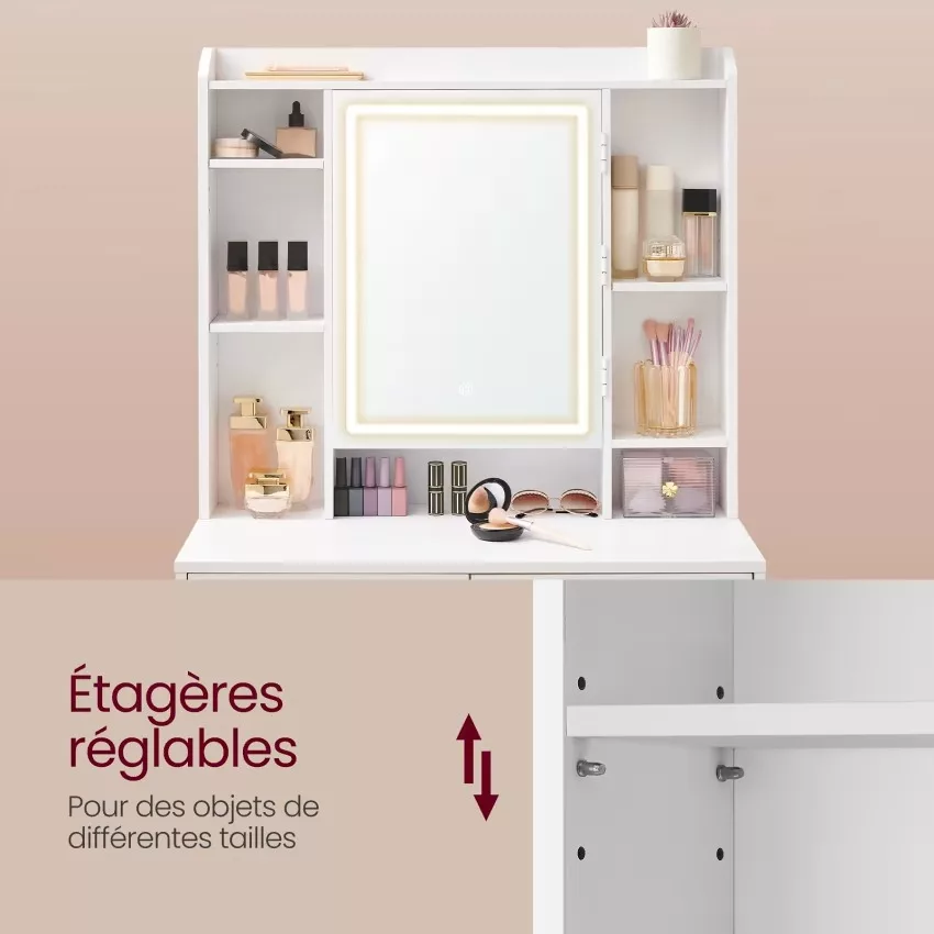 Coiffeuse avec miroir compartiments ouverts l 97,5 cm tabouret blanc – Image 4