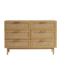 June – Commode 6 tiroirs en bois et cannage L130cm – Bois clair