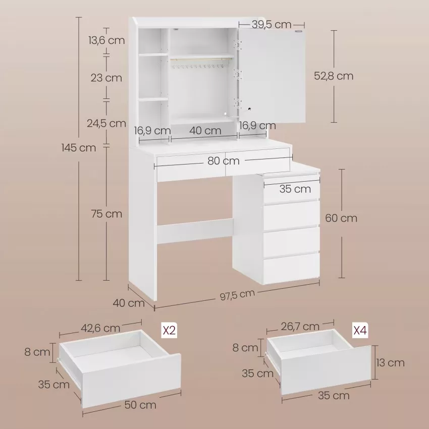 Coiffeuse avec miroir compartiments ouverts l 97,5 cm tabouret blanc – Image 5