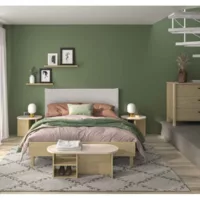 Lit 2 places 140×190 cm AURIOL coloris Imitation Chêne Rookwood et tête de lit tissu beige