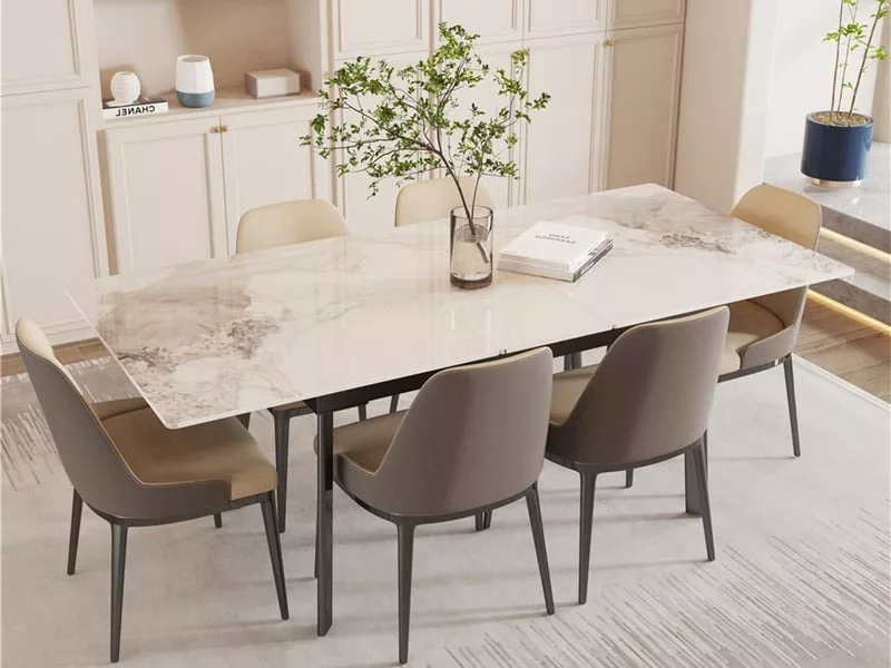 Table à manger extensible rectangle avec allonge 6 personne effet marbre en fer 130-160cm – Image 3