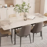 Table à manger extensible rectangle avec allonge 6 personne effet marbre en fer 130-160cm