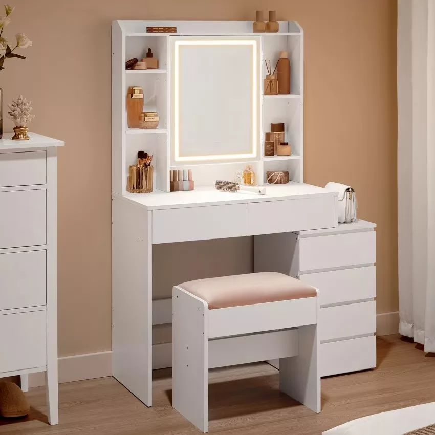 Coiffeuse avec miroir compartiments ouverts l 97,5 cm tabouret blanc – Image 6