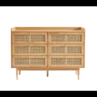 Leon – Commode placage chêne et cannage rotin 6 tiroirs 120cm