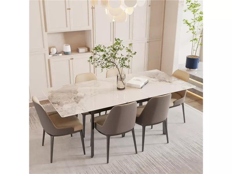 Table à manger extensible rectangle avec allonge 6 personne effet marbre en fer 130-160cm – Image 4