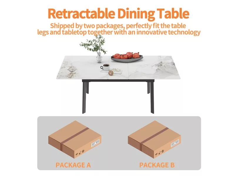 Table à manger extensible rectangle avec allonge 6 personne effet marbre en fer 130-160cm – Image 5
