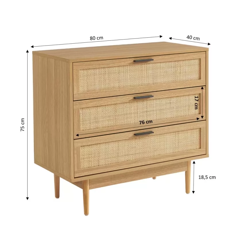 Amana - Commode effet chêne et cannage rotin 3 tiroirs 80cm – Image 2