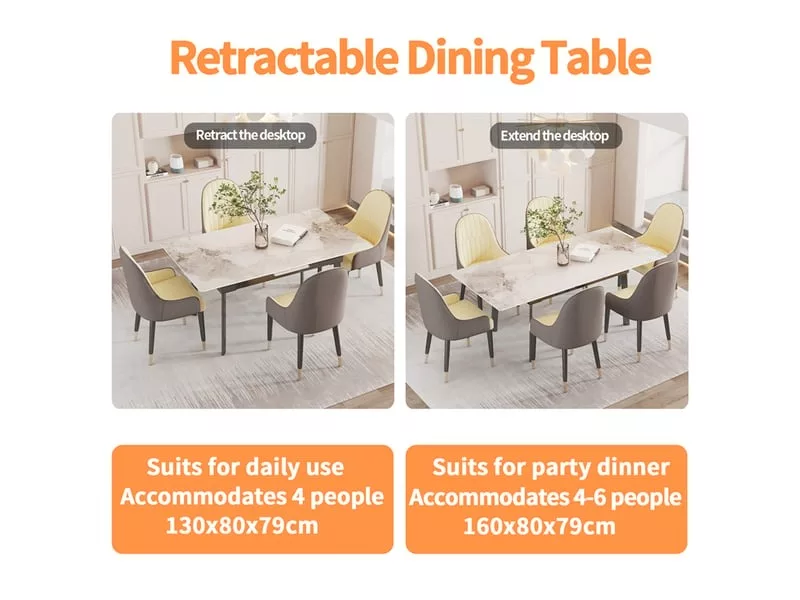 Table à manger extensible rectangle avec allonge 6 personne effet marbre en fer 130-160cm – Image 6