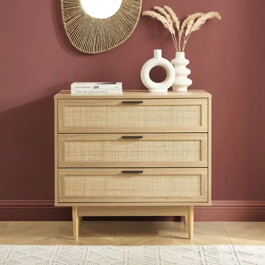 Amana - Commode effet chêne et cannage rotin 3 tiroirs 80cm – Image 3