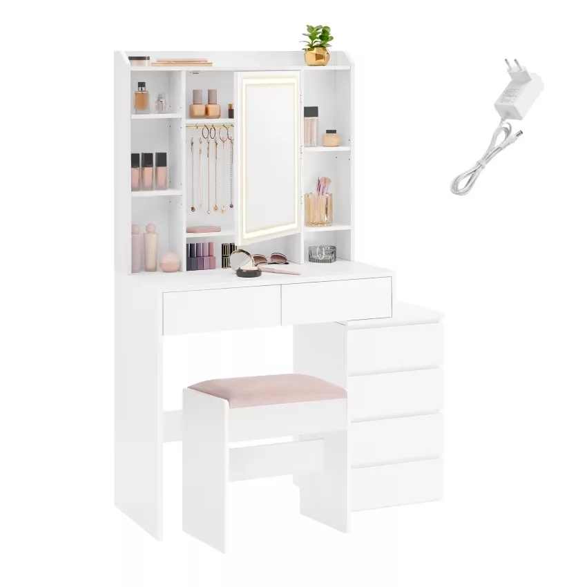 Coiffeuse avec miroir compartiments ouverts l 97,5 cm tabouret blanc – Image 9