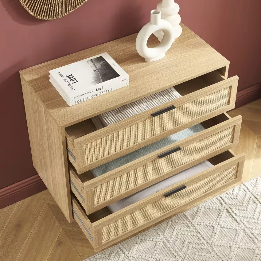 Amana - Commode effet chêne et cannage rotin 3 tiroirs 80cm – Image 4