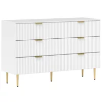 Homcom – Commode 6 tiroirs design effet cannelé piètement métal doré blanc