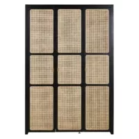Loreto – Armoire 3 portes battantes noir, cannage en rotin et métal coloris laiton L129